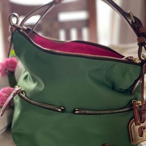 Dooney and Bourke Nylon Hobo Kelly Green & Bright Pink Vintage Purse.Super Cute!